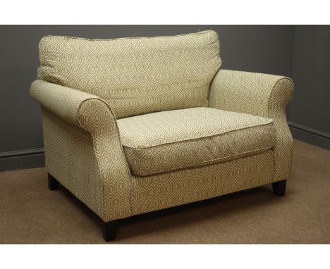 Sahara two seat snuggler sofa, upholstered with 'OCTAVE - OCHRE' fabric, square tapering supports, W113cm Condition Report Cl
