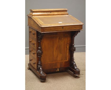 Victorian walnut inlaid davenport, pen compartment and inkwell above sloped hinged leather inset top enclosing two drawers, t