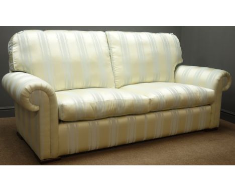 Vale Bridgecraft three piece lounge suite comprising three seat sofa upholstered in ivory and pale blue stripe damask fabric,