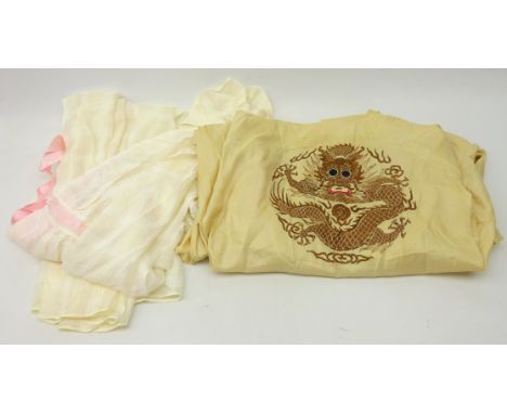 Silk beige ground robe, embroidered with dragons, possibly Indian and a 1950's Rayon house coat with pink satin tie (2) Condi