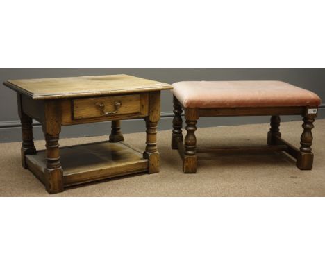 20th century small rectangular oak lamp table, single drawer, turned supports joined by undertier, (W61cm, H41cm, D46cm) and 