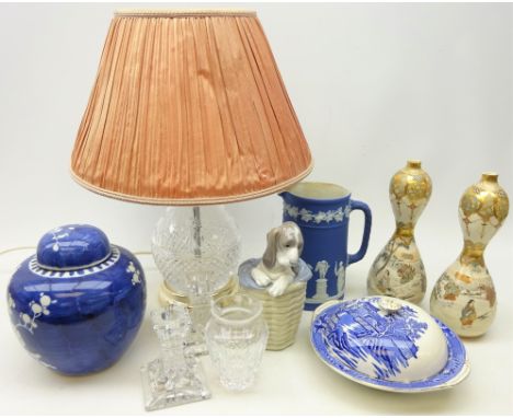 Stuart crystal table lamp with hobnail cut body, pair Japanese Satsuma double gourd vases, Lladro figure 'Dog in a Basket', p