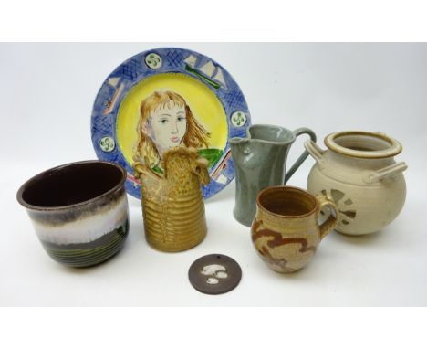Celadon Crackle-glaze Jug, embossed wheel mark, Cooper's Pottery horse shaped money box, John Warren pierced candle holder, J