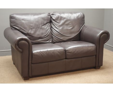 Three seat sofa, (W190cm), and matching two seat sofa (W149cm), upholstered in brown Italian leather  Condition Report Click 