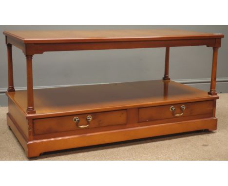 Reproduction yew wood two tier coffee table, four turned columns above two drawers (W100cm, H52cm, D51cm) and matching lamp t