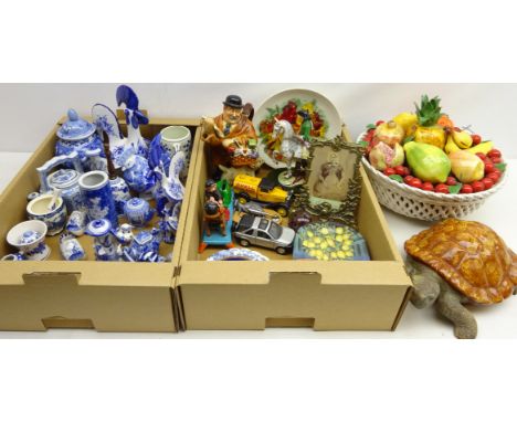 Large Italian ceramic fruit bowl sculpture, Victorian style brass easel frame mirror, novelty cast metal money bank, various 