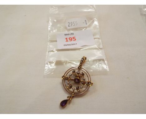 An Edwardian 9ct gold seed pearl and amethyst lavalier pendant and brooch
