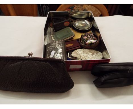 Miscellaneous items to include a papier mache and abalone snuff box, cigarette cases, purses, bone needle case etc