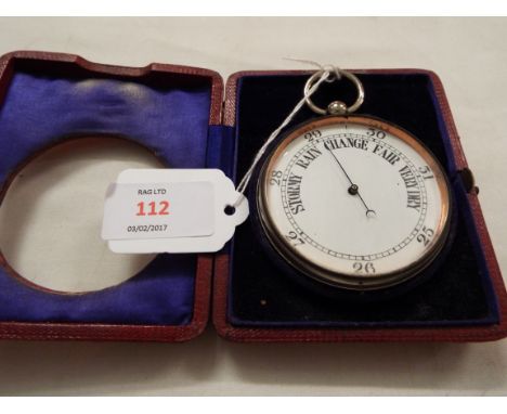 A barometer in fitted Victorian leather case     working order, good condition, no strut but easel back, scuff marks to case 