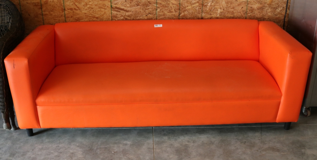 Orange Vinyl Sofa; Approx 84" W x 27" H x 33" D