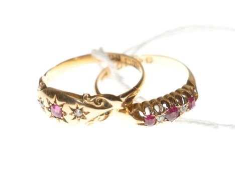 Ruby and diamond five stone ring and another three stone ring, both 18ct gold, 1910 and 1919. Sizes 'M½' and 'P'. 