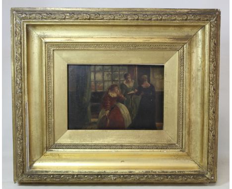 R. J. G. (19TH/EARLY 20TH CENTURY).Three 17th century ladies in an interior.Oil on board.12cm x 17cm.Signed with initials, nu
