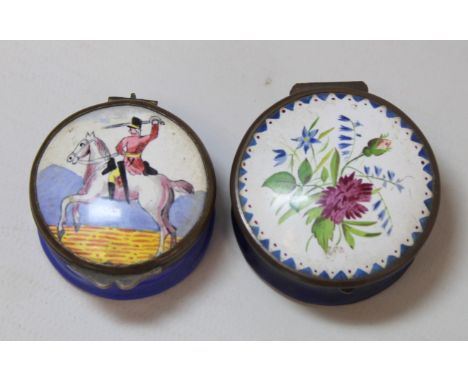 18th/early 19th century circular enamel patch box depicting a mounted cavalryman in polychrome enamels, 4cm diam. and another