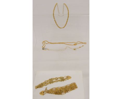 Two 9ct gold gate bracelets and three necklets, 34g.&nbsp; 