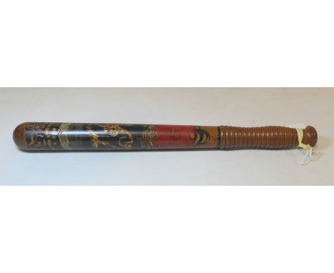 Victorian Military Police painted wooden truncheon decorated in polychrome and gilt, with crown over VR cipher and cartouche 