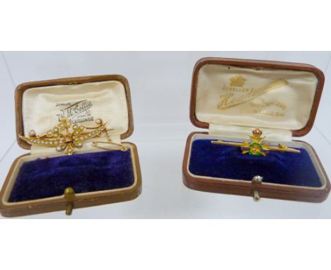 Gold and enamel Sherwood Foresters brooch '14ct' and a pearl crescent and spray brooch, 9.6g.&nbsp; 