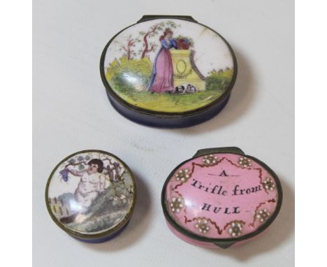 18th century enamel patch box of oval form, the cover depicting a weeping widow and dog by a grave, mirror to interior, 5cm w