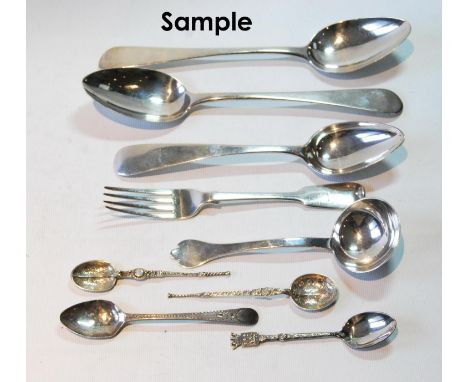 Two silver tablespoons, Edinburgh 1799, nine forks, seven various dessert spoons, a ladle, a pair of Spanish spoons, 1863, an