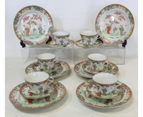 Late 19th/early 20th century Oriental teaset for six settings decorated in the famille rose palette, depicting the immortal t