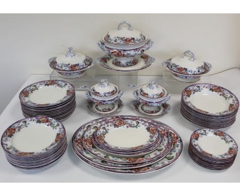 Late Victorian Ashworth Bros. dinner service for twelve settings, with floral decoration, pattern no. 1467, comprising: large