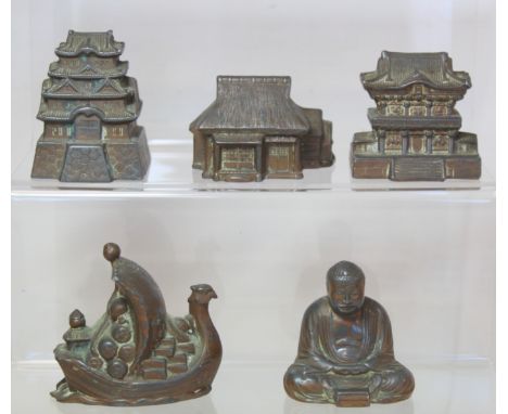 Five vintage mid 20th century "Occupied Japan" bronzed spelter ornaments from a series by S. N. K., comprising: No 1 - Treasu