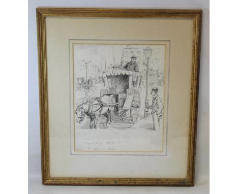 GEORGE DENHOLM ARMOUR (1864-1949).Cartoon depicting a hackney cab driver and member of the public.Pen and ink.29.5cm x 24cm.S