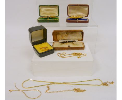 15ct gold brooch with pearl scroll, a similar onyx brooch, another '9ct', an opal and pearl pendant, four 9ct gold chains and