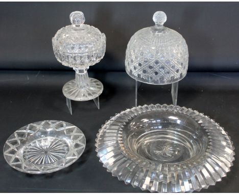 19th century cut glass bonbonniere pedestal bowl and cover, 21cm high; a hobnail cut glass dome with cut knop finial, 15.5cm 