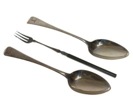 Two silver table spoons, crested and initialled 1804/5 and an e.p. pickle fork. (3).