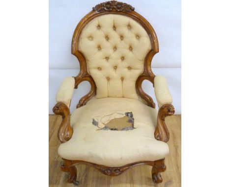 Victorian walnut framed ladies chair with floral carved toprail, upholstered button back and seat raised on cabriole supports