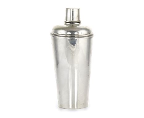 A VINTAGE SILVER COCKTAIL SHAKER, ITALIAN CIRCA 1960 the tapering body with stepped decoration around the lid and cap, 20.0cm