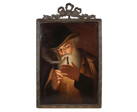 A GERMAN 'HUTSCHENREUTHER' PORCELAIN PLAQUE C.1900. depicting a Gent Lighting his Pipe, the fine porcelain plaque stamped MR 