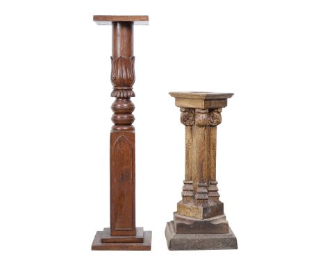 AN EARLY 20TH CENTURY GOTHIC REVIVAL OAK STATUARY PEDESTAL. square plateau, foliage capital carved with scrolling acanthus, s