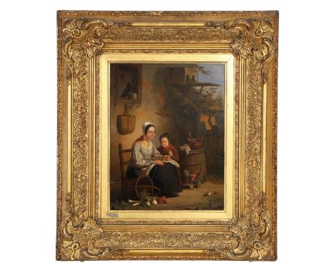 JOSEPH SACRE (BELGIAN, B.1837). "Feeding the Nestlings" signed (lower left), oil on panel 32 x 24cm (13.5" x 9.5")  Provenanc