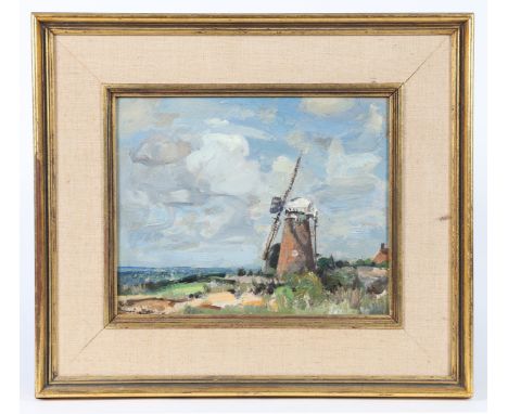 SIR JOHN ALFRED ARNESBY BROWN R.A (BRITISH, 1866-1955). Norfolk Landscape with Windmill signed (lower left), oil on board 20c