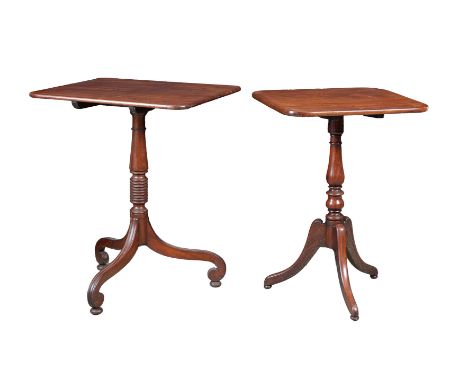 TWO GEORGE III SMALL MAHOGANY TILT TOP OCCASIONAL TABLES. the tilt top tables with turned columns and supported on shaped tri