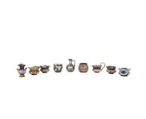 A COLLECTION OF UNUSUAL ROYAL DOULTON AND DOULTON LAMBETH STONEWARE (9). to include a Doulton Lambeth Aesthetic movement ruff