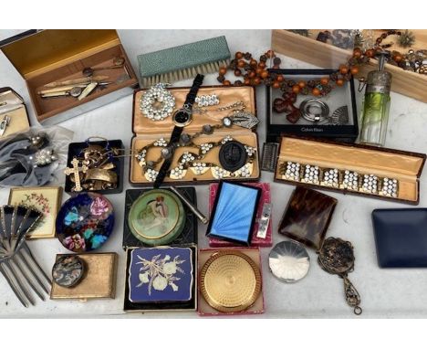 A fine collection of vintage costume jewellery to include a silver and enamel cigarette case; gold rings , 19th century gold 