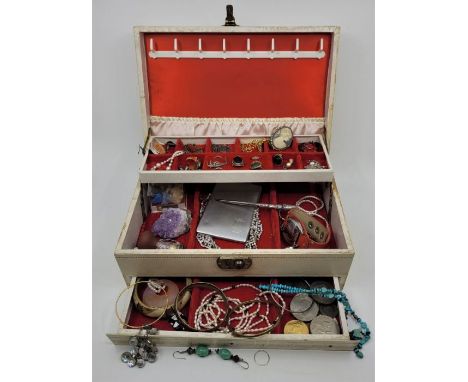 A jewellery box of assorted costume jewellery, to include: three silver rings and others. (qty)