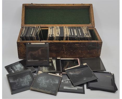 A collection of magic lantern photographic slides, mainlly of historical buildings, including Westminster Abbey et al, in woo