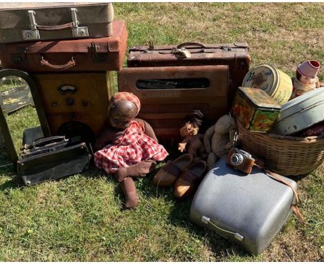 Two vintage radios dolls tins and luggage
