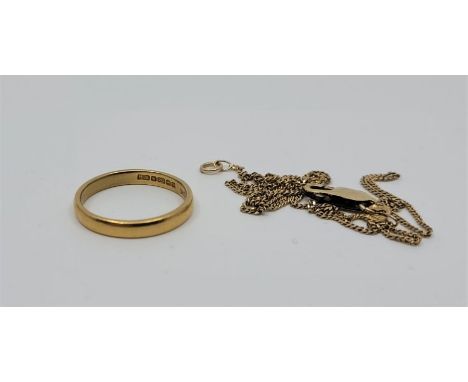 A 22ct. gold band, Birmingham 1965, (4.4g), size: R, together with a 9ct. gold fine flat curb link chain, length 46cm. (2.5g)