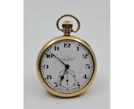 A fine Rolex Observatory Quality 18ct. gold open faced pocket watch, crown wind, cal.550, having signed white enamel Arabic n