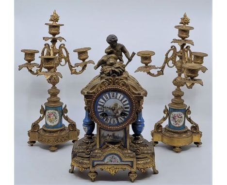 A French gilt spelter and Sevre style porcelain mounted mantle clock garniture, bell strike, having porcelain dial with Roman