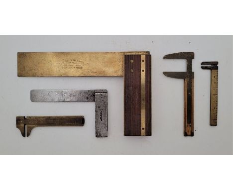 A Bridge City Tool Works TS-2 8in, brass and rosewood square, a Preston 4in. steel square, a brass insides outsides caliper g