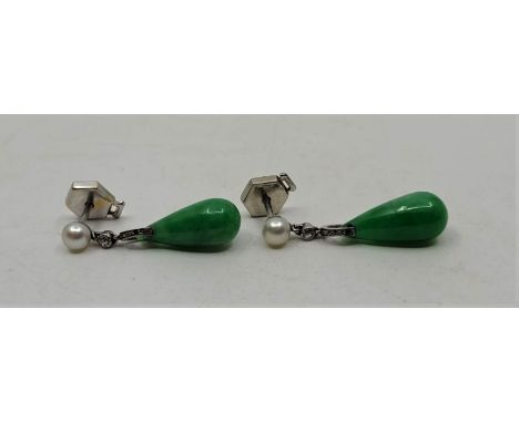 A pair of French 18ct. white gold, jade, diamond and pearl drop earrings, c.1920's, each set single pearl suspending short ch