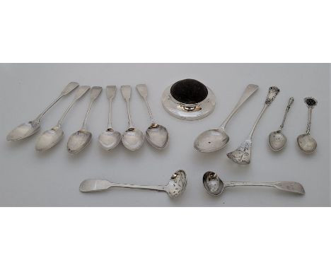 A Victorian pierced silver condiment spoon, by Wakeley & Wheeler, London 1893, together with a set of six George IV silver te