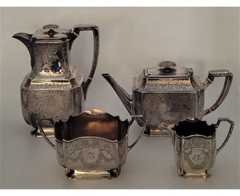 A late 19th century four piece silver plated tea &amp; coffee service, by Oldfield of Liverpool, together with two trays. (6)