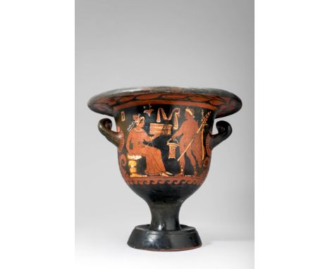 Ca. 350 BC.A large bell krater, painted in the red-figure style, with white/yellow details on one side. The iconography of th