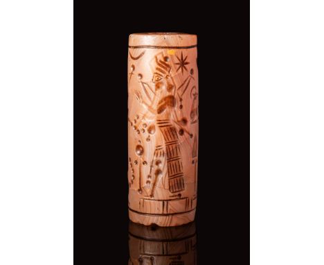 Ca. 8th - 7th century BC.A stone cylinder seal with a deity (likely Marduk, the patron deity of Babylon) standing on a dragon
